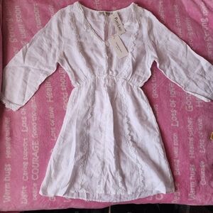 White Linen Valentina Naldi Mini 3/4 Sleeve Dress Size S|Sinched Waist|Floral